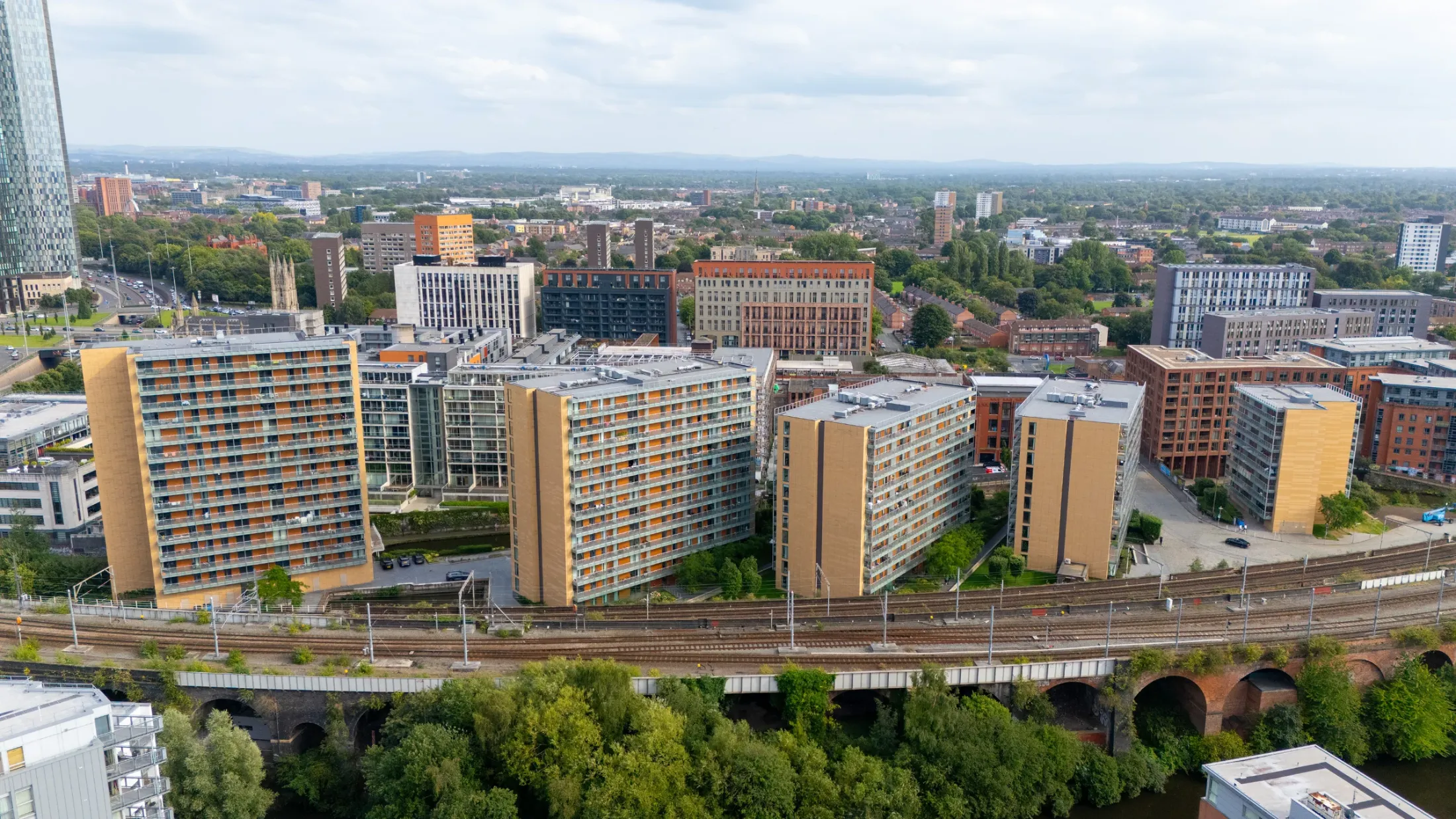 Aerial view of the remediated residential blocks at St George's Island, Manchester