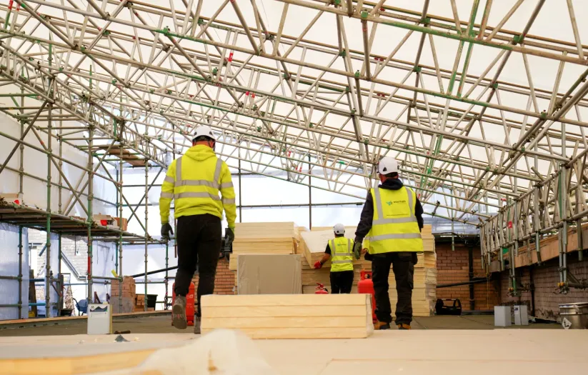 Starfish Construction operatives working under a temporary roof during RAAC remediation