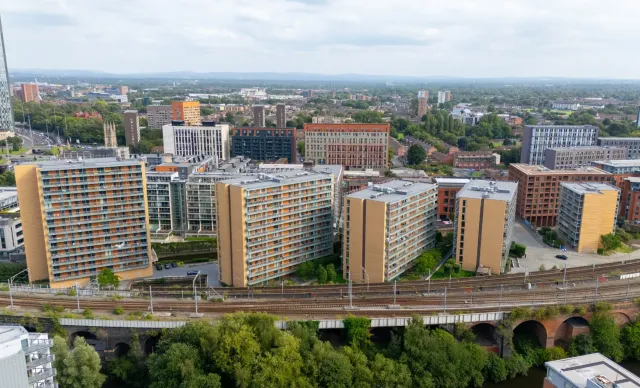 Aerial view of the remediated residential blocks at St George's Island, Manchester