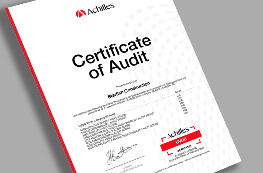 Achilles UVDB Verify Audit gives Starfish Construction 100% for the second year